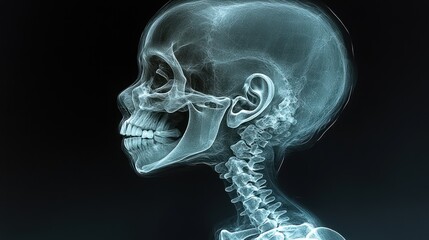 X-ray image of a human skull and cervical spine in profile view.