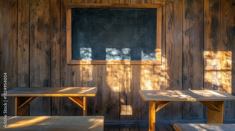 Poster a rustic classroom with wooden tables and a chalkboard, illuminated by soft sunlight.