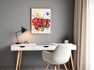 A modern home office with a minimalist white desk, a swivel chair, and a desk lamp. On the wall is a colorful graffiti art piece framed in light wood, featuring bold letters and splashes of colors