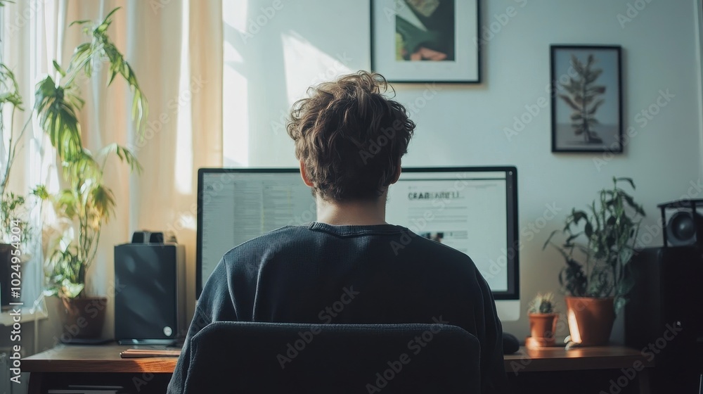 Poster programmer working at home in a cozy office