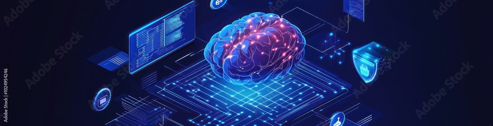 Poster digital representation of a brain with data and technology elements, symbolizing ai and innovation.