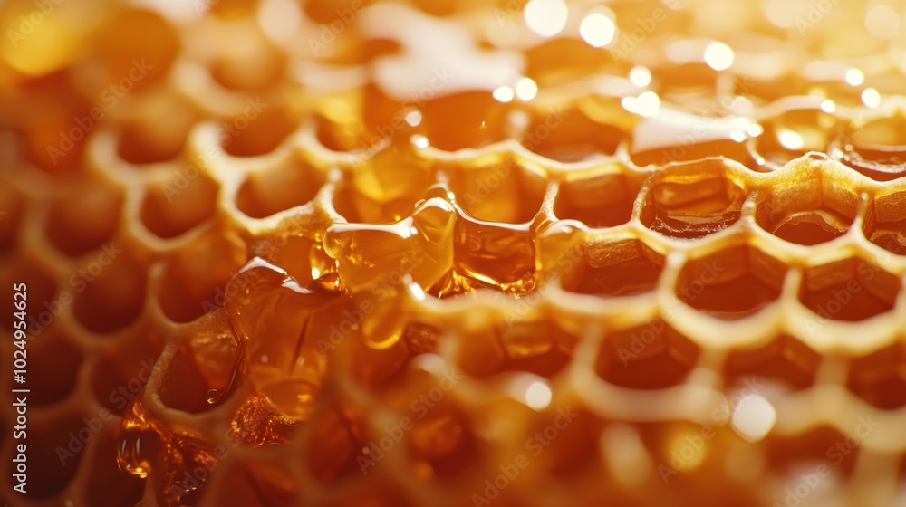 Wall mural Close-up of honeycomb filled with golden honey, showcasing its texture and natural sweetness.