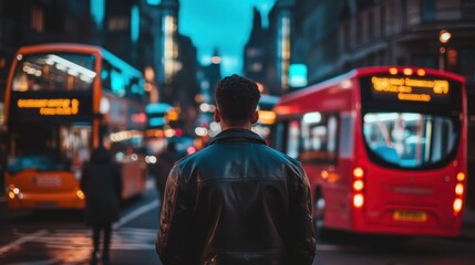 A person stands in a busy city street, surrounded by buses and illuminated buildings at dusk.