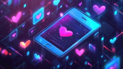 A digital illustration of a smartphone surrounded by floating hearts and colorful graphics.