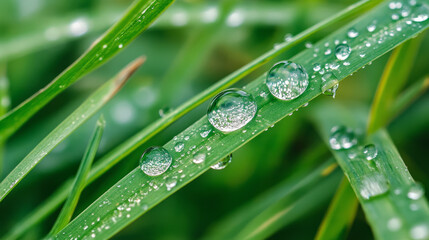 A macro image of dew droplets resting on a blade of grass, showcasing the delicate reflections and clarity of each droplet in a serene morning setting