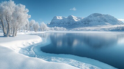 Obraz premium Serene winter landscape with snow-covered trees and a tranquil lake.