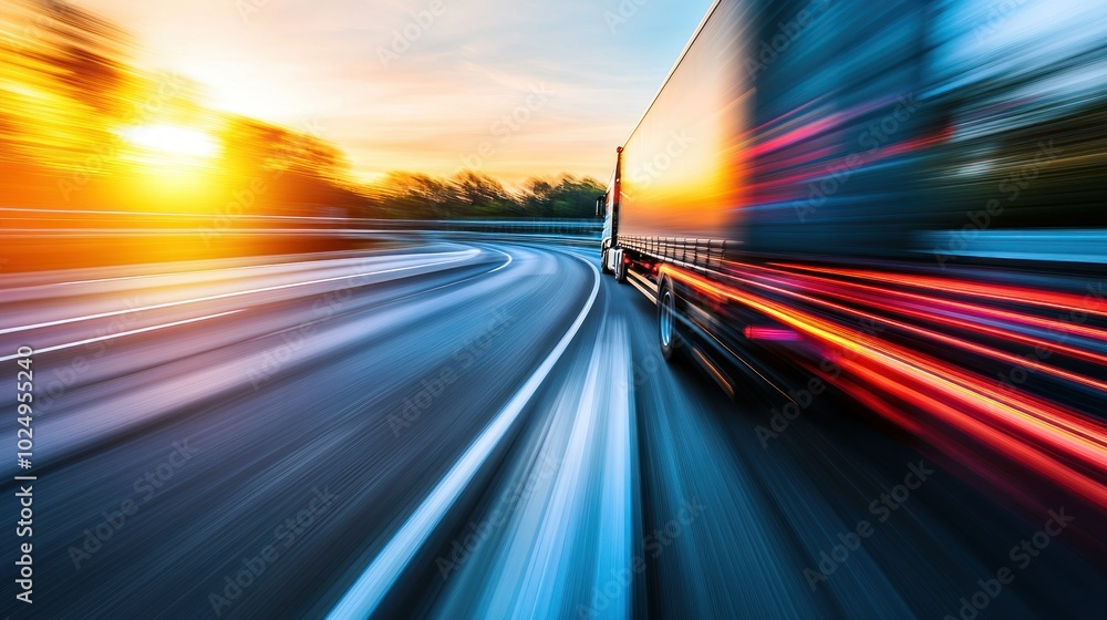 Poster A blurred truck driving on a winding road at sunset, conveying speed and movement.