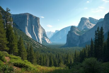 Fototapeta premium Yosemite Valley With El Capitan And Half Dome Under Bright Midday Sun
