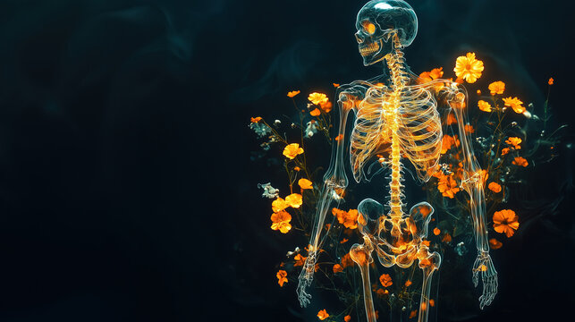 Transparent glossy spooky skeleton with orange flowers in black background. Eerie macabre and beauty. Artistic interpretation of death. Halloween event banner, poster, card, invitation, copy space