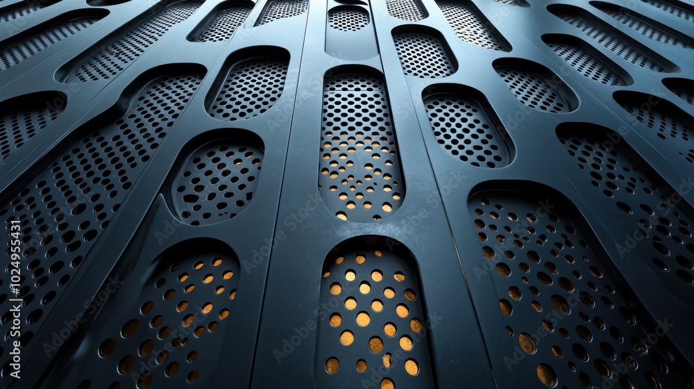 Poster abstract view of a patterned metal surface with cutouts and lighting.
