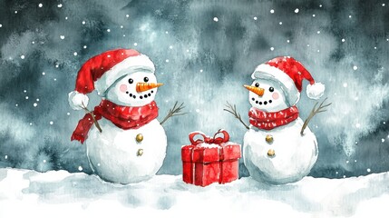 Fototapeta premium Jolly Snowmen in Winter Landscape – Happy New Year and Merry Christmas Card