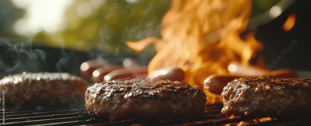 Sticker Grilling burgers and sausages over an open flame, creating a smoky, flavorful barbecue scene.