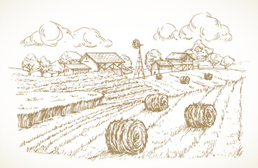 Farm Sketch Rustic Landscape Illustration. Hand Drawn Vector Countryside Village Yard with Haystacks Doodle. Engraving Style Pasture Drawing. Isolated
