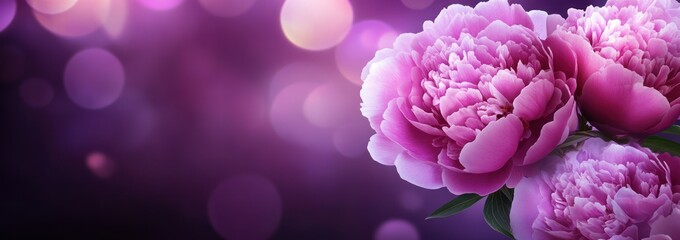 Obraz premium A serene arrangement of pink peonies against a soft purple bokeh background.