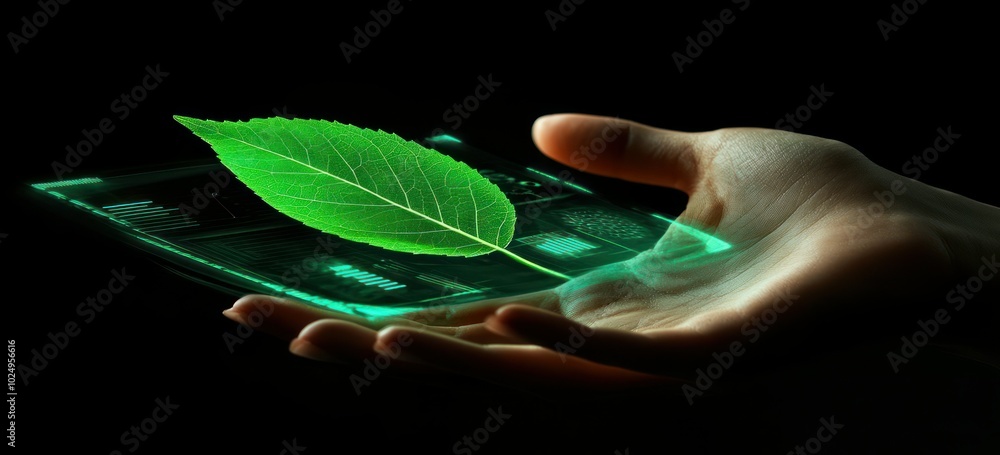 Poster A hand holding a translucent digital interface displaying a green leaf, symbolizing nature and technology.