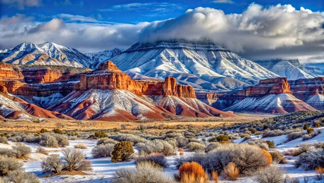 Snow-covered Asymmetrical Abajo mountains in Southern Utah during winter