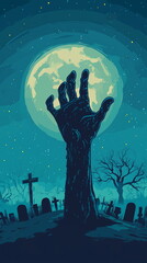 Creepy dirty zombie hand rising from grave in nighttime cemetery with full moon. Cartoon monster emerging from tomb. Horror vertical banner, poster, invitation, greeting card for Halloween, copy space