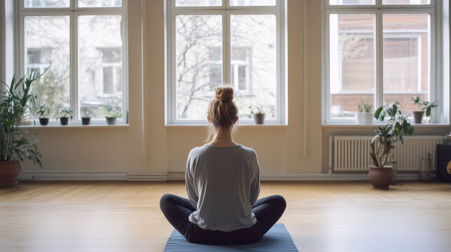 A mindfulness program participant sitting cross-legged in a peaceful room, focusing on their breath and practicing mindfulness techniques with calm music playing in the background