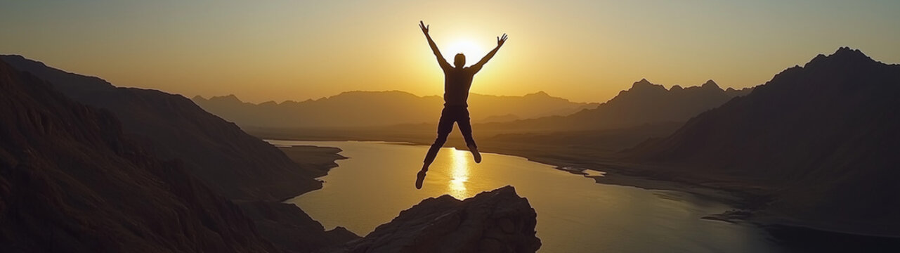 Silhouette man jumping over cliffs for I can do it, good mindset, freedom, good mindset, photo, poster, conceptual art, success, goals 