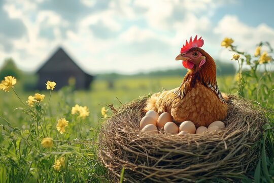 Chicken lays in a nest with eggs. The eggs are white and the chicken is brown. The scene is peaceful and calm. on green grass, in the background are a small farm - Powered by Adobe