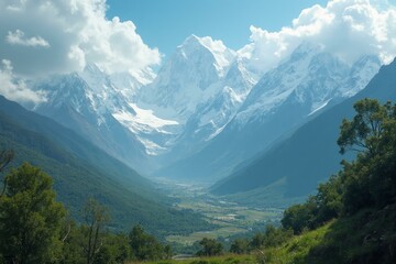 Fototapeta premium Cordillera Blanca At Midday With Snow-Capped Peaks And Lush Valley