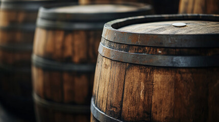Stacked wooden barrels in a distillery showcasing craftsmanship and aging process