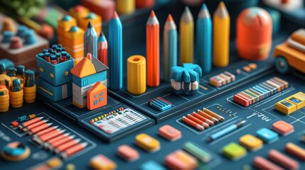 Colorful 3D Illustration of Stationery and Miniature Houses