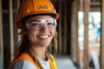 Woman wearing an orange helmet and safety glasses is smiling. She is wearing a yellow vest and a backpack. Captured on the work site, a female construction worker dons PPE and wears a bright smile