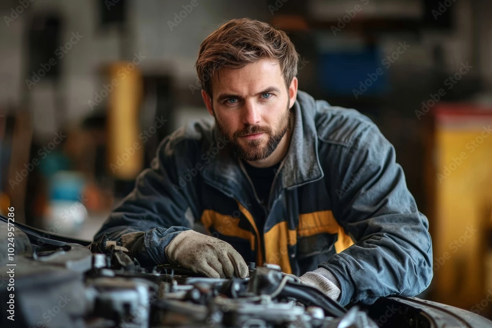 Poster man in a blue jacket is working on a car engine. he is wearing gloves and has a serious expression o