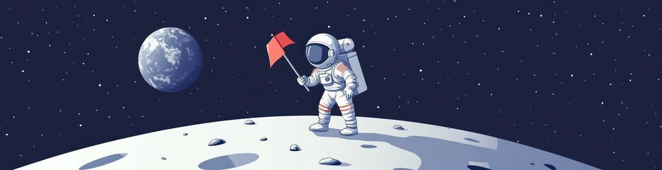 Fototapeta premium An astronaut stands on the moon, holding a flag, with Earth visible in the background.