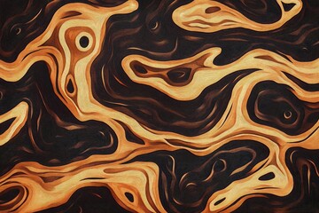 Brown wooden surface featuring black markings and an open area, Brown wooden texture with dark patterns and a smooth section.