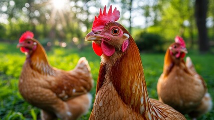 Fototapeta premium Three chickens are standing in a grassy field. One of them is facing the camera. The other two are standing behind it. Chicken Farm Rural Agriculture and Poultry Production