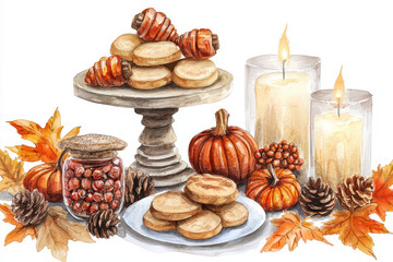 A cozy autumn arrangement featuring cookies, pumpkins, candles, and pinecones, surrounded by colorful fall leaves.