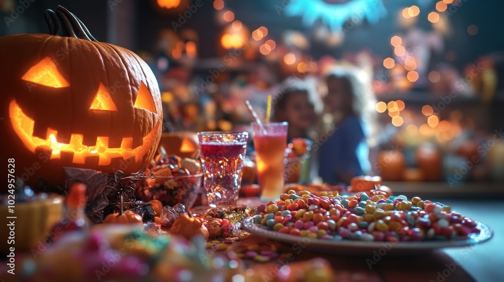 Wall mural A festive Halloween scene with a carved pumpkin, candy, and drinks, creating a cheerful atmosphere.