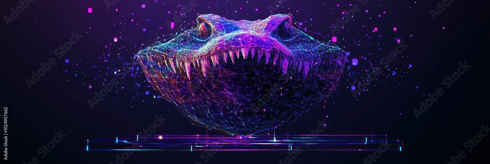 Poster a digital representation of a monstrous creature with vibrant colors and sharp teeth.