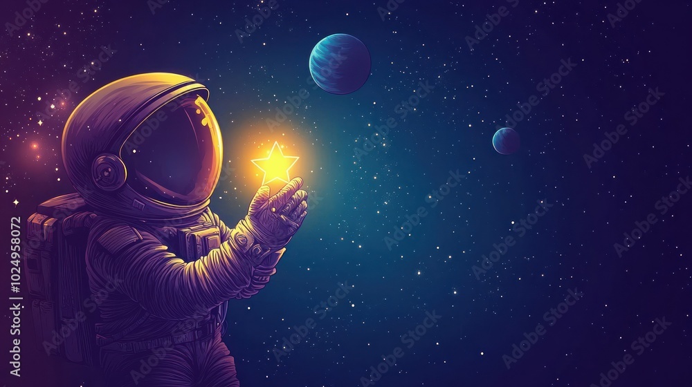 Wall mural an astronaut holding a glowing star in a colorful cosmic scene with distant planets.