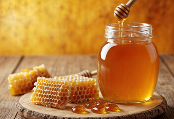 Natural organic honey in glass jar, honey dipper and honeycombs are near. Natural food background.