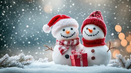 Jolly Snowmen in Winter Landscape &ndash; Happy New Year and Merry Christmas Card