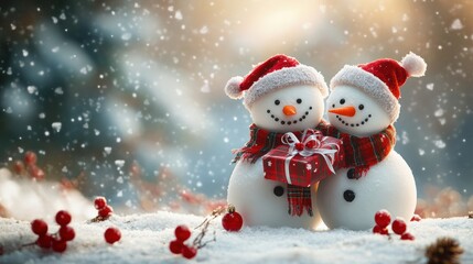 Jolly Snowmen in Winter Landscape – Happy New Year and Merry Christmas Card