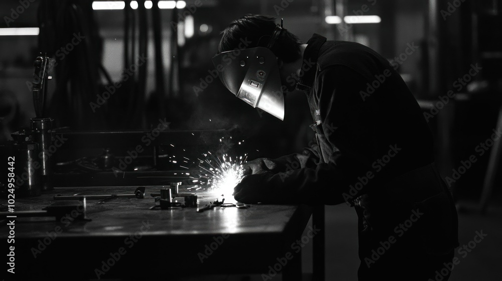 Canvas Prints A welder working in a dimly lit workshop, sparks flying from metalwork.