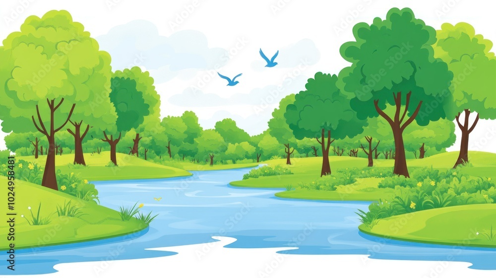 Sticker A serene landscape featuring a river, lush trees, and birds in a tranquil natural setting.