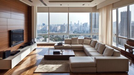 Modern living room with panoramic city views and contemporary furniture.