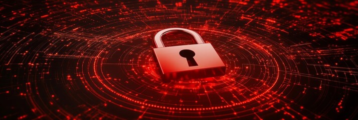 Red Digital Padlock On Circuit Board, Futuristic Glowing 3D Technology Security Concept.