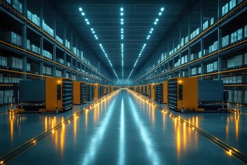 An empty warehouse with automated guided vehicles (AGVs) parked in a row, illuminated by blue and yellow lights.