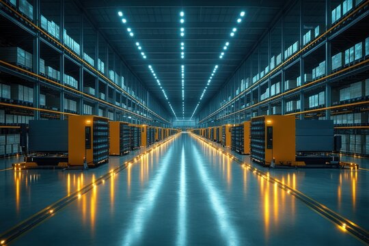 An empty warehouse with automated guided vehicles (AGVs) parked in a row, illuminated by blue and yellow lights.