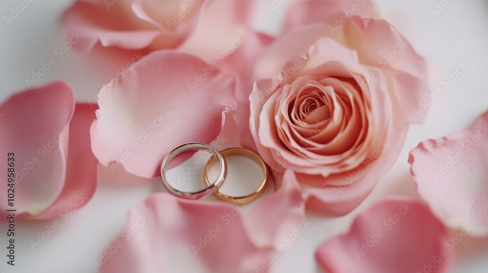 Canvas Prints Two wedding rings resting among pink rose petals and a blooming rose.