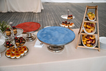 Catering sweets, closeup of various kinds of fruit pastry on event or wedding reception
