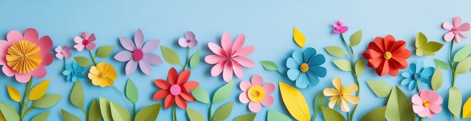 A colorful arrangement of paper flowers against a blue background, showcasing creativity and craft.