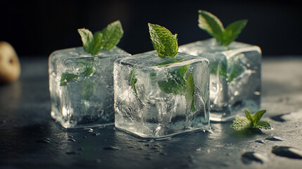 Chilled ice cubes with fresh mint leaves on dark stone surface in a cozy bar setting