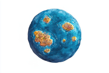 A stylized, artistic depiction of a blue planet featuring golden landmasses, representing an imaginative world or island theme.